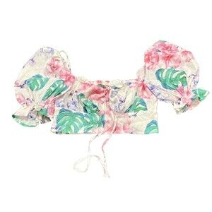 Apeach  Tropical Peasant Puff Sleeve Stretchy Crop Top Summer Boho Medium